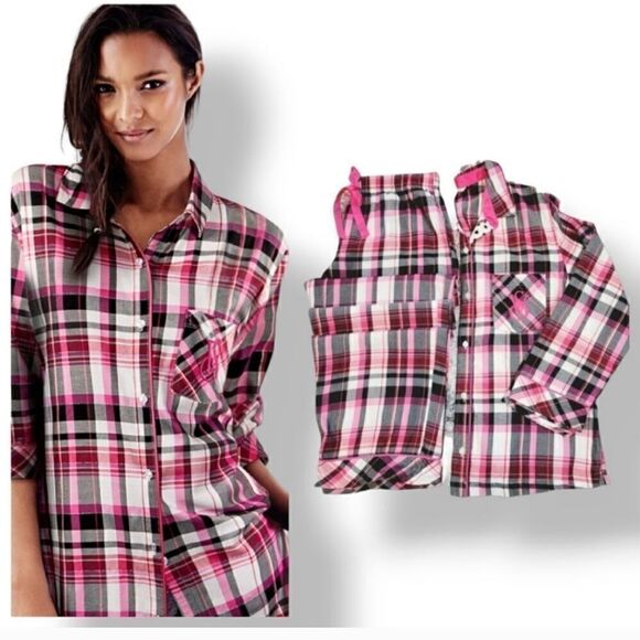 Victoria's Secret Dreamer Pink and Black Plaid Flannel Pajama Set Size Small - Picture 14 of 14